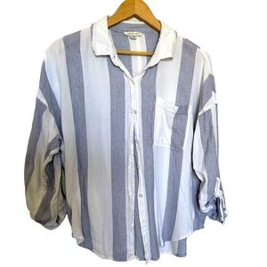 American Eagle Navy Blue Striped Button Down Blouse